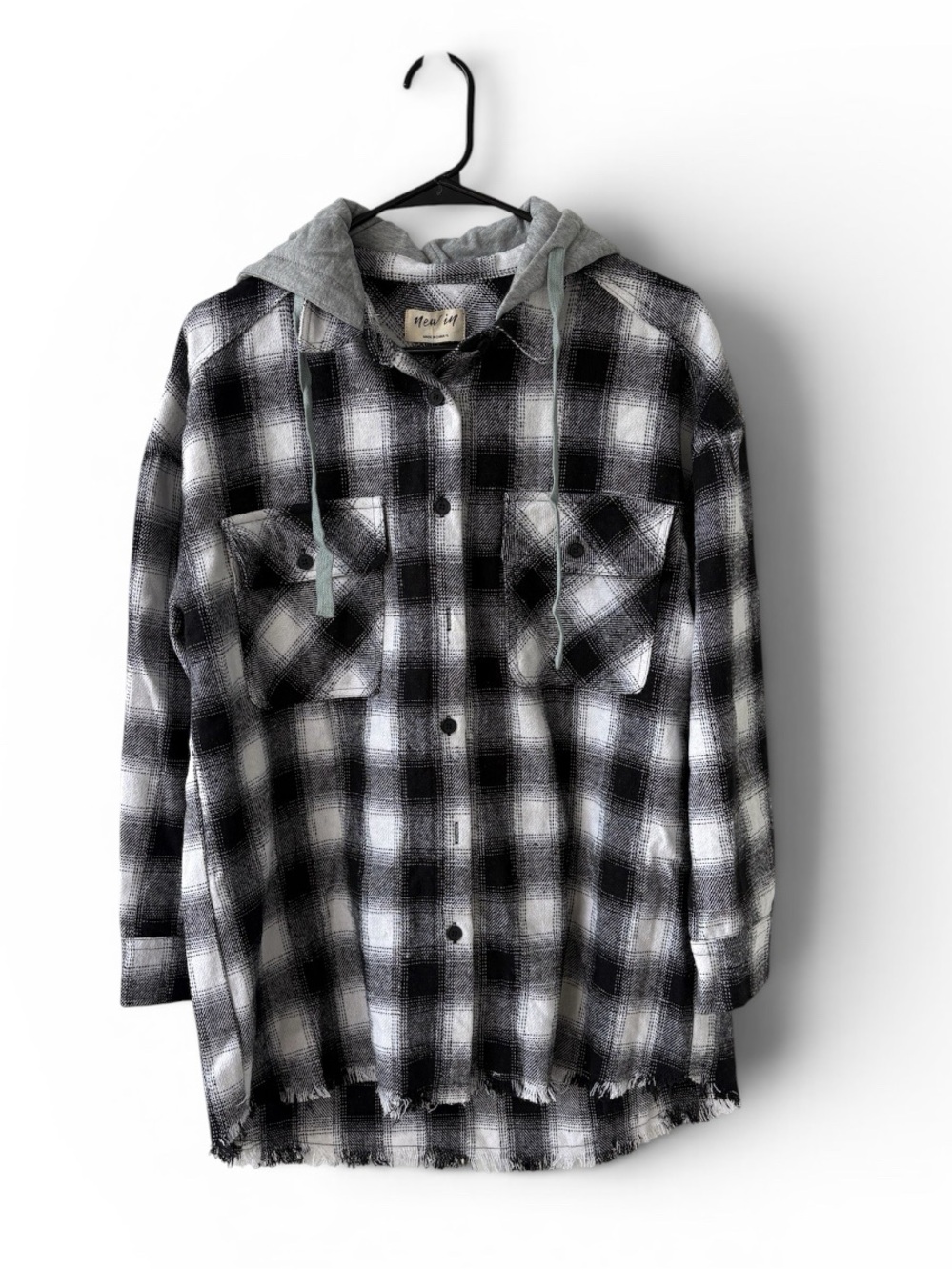 New In Plaid Hooded Shirt Jacket Women's Oversized Button Up SMALL NWT